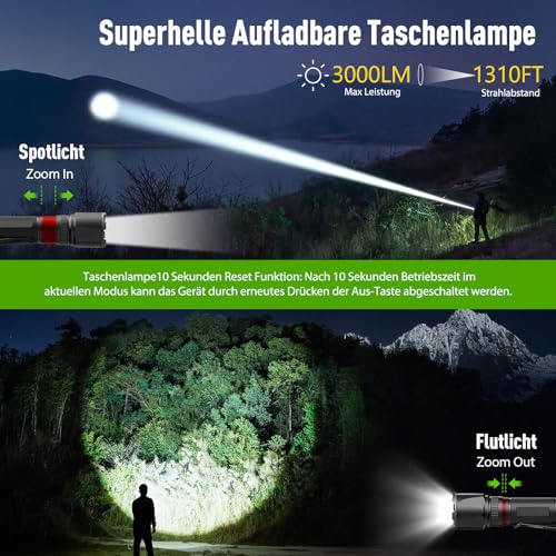 GEARLITE Taschenlampe Led Aufladbar 2Pack, Superhelle Zoombare 3000 Lumen Mini Torch mit 3 Lichtmodi & Langer Betriebsdauer, IP65 Wasserdicht Taktische Handlampe für Camping, Angeln, Outdoor, Notfäll