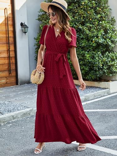 Image of MASCOMODA Women Boho Swiss Dot Maxi Dresses Wrap V Neck Flutter Short Sleeve Solid Tie Waist A Line Tiered Flowy Long Dresses