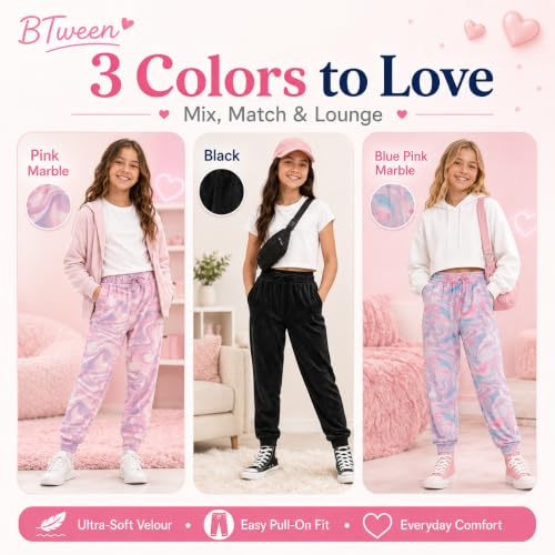 Image of BTween Girls 3 Pack Velour Jogger Pant Set Solid, Tie Dye or Camo Sweatpants for Girls