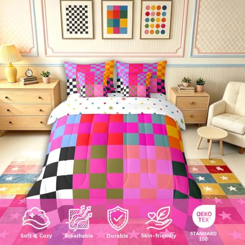 Image of Feelyou Multicolored Checkered Retro 7 Piece Bedding Set Kids Boys Girls Geometric Vintage Comforter Set with Sheets Queen Size Black Red Purple Bed in a Bag Modern Simple Groovy Aesthetic Room Decor