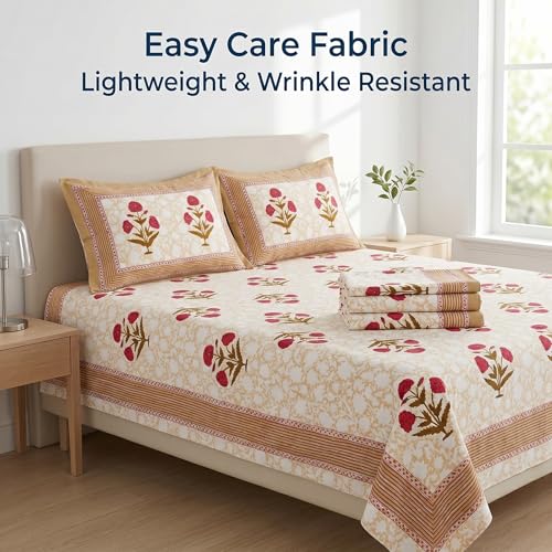 Image of Mafatlal 144 TC Heritage Pure 100% Cotton Double Bed Sheet with 2 Pillow Covers (90x108 inches)| Bedsheet for Queen Bed Cotton, Light Sand Jaipuri