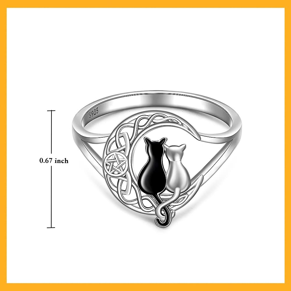 Black Cat Ring Celtic Knot Crescent Moon Rings for Women Sterling Silver Cute Black and White Cat Matching Thumb Rings Animal Pentagram Pentacle Halloween Cats Lover Gifts Size 7-9
