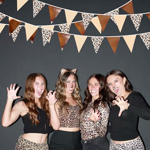 Image of 32Ft Leopard Party Decorations Metallic Brown Leopard Triangle Banner Flag Pennant Fabric Garland Streamers for Wild Animals Cheetah Birthday Cheetah Baby Shower Jungle Safari Party Decor Supplies