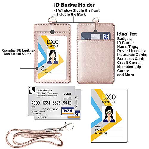 Arae Card Holder Vertical PU Leather Badge Holder with 1 Clear ID Card Window 1 Card Slot and 1 Neck Lanyard for Office/School ID Credit Card Driver License - Rose Gold
