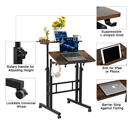 Image of Hadulcet Mobile Standing Desk with Wheels, Rolling Desk Adjustable Height, Portable Laptop Table with Charging Station, Sit Stand up for Home Office, Study, Classroom, Rustic Brown