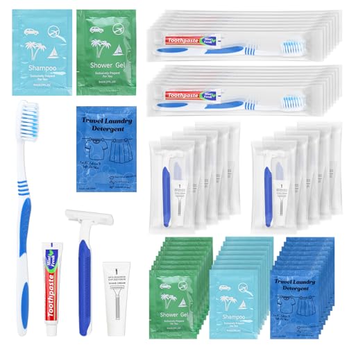 skourvut Bulk Hygiene Kits Homeless Supplies Bulk for Homeless Shelters, Travel, Charity, Hotel Include Razors with Shaving Cream, Body Wash, Shampoo and Liquid Laundry (20)