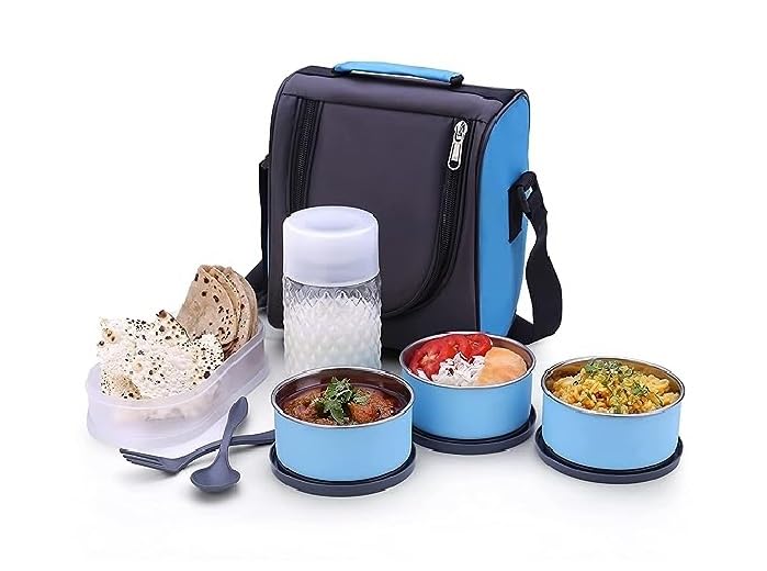 OPUX Tiffin Box-Lunch Box | 3 Stainless Steel Containers | Plastic lid Box | Spoon & Fork | Insulated Fabric Bag | Leak Proof | Microwave Safe | Full Meal | Easy to Carry (Sky Blue)