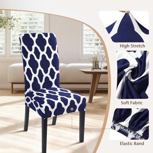 Image of SearchI Dining Room Chair Covers Set of 4, Spandex Stretch Kitchen Chair Slipcovers Removable Washable Moroccan Geometric Parsons Chair Covers Protector for Dining Room, Hotel (Navy Blue)