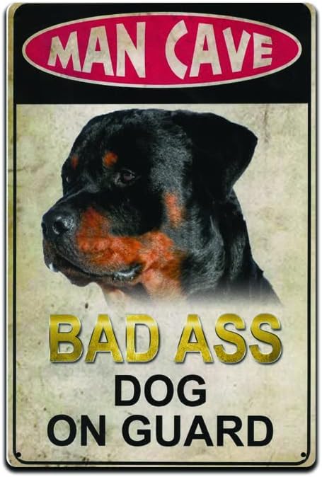 Letrero de hojalata con texto en inglés "Warning Bad Ass Dog On Duty", diseño de perro rottweiler, divertido letrero de hojalata para perros de