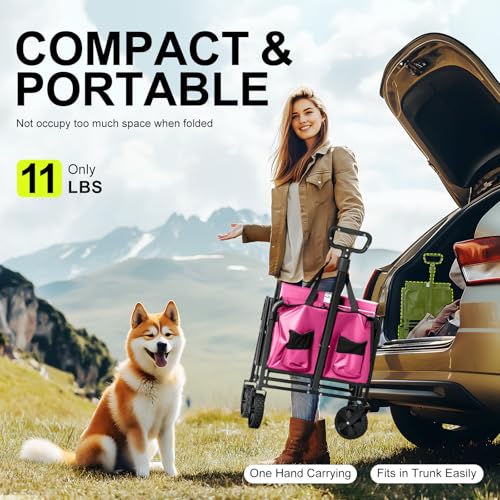 Collapsible Wagons Carts Foldable with Extended Tailgate, Folding Wagon Cart on Wheels, Portable Heavy Duty Shopping Carts for Groceries, Apartment, Garden, Camping, Sports, Outdoor (Pink)