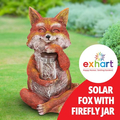 Exhart Garden Sculpture, Fox Solar Garden Statue with Glass Jar, 8 LED Firefly Lights, Outdoor Garden Decoration, 6.5 x 8 x 11.5 Inch