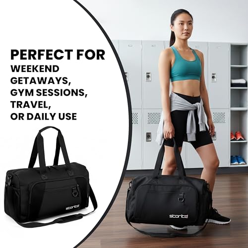 Image of Storite Nylon 50.5cm Travel Duffel Bag for Men & Women with Dry & Wet Pocket, Lightweight Water Resistant Luggage Bag with Shoe Compartment (Black, 50.5x23x28cm)