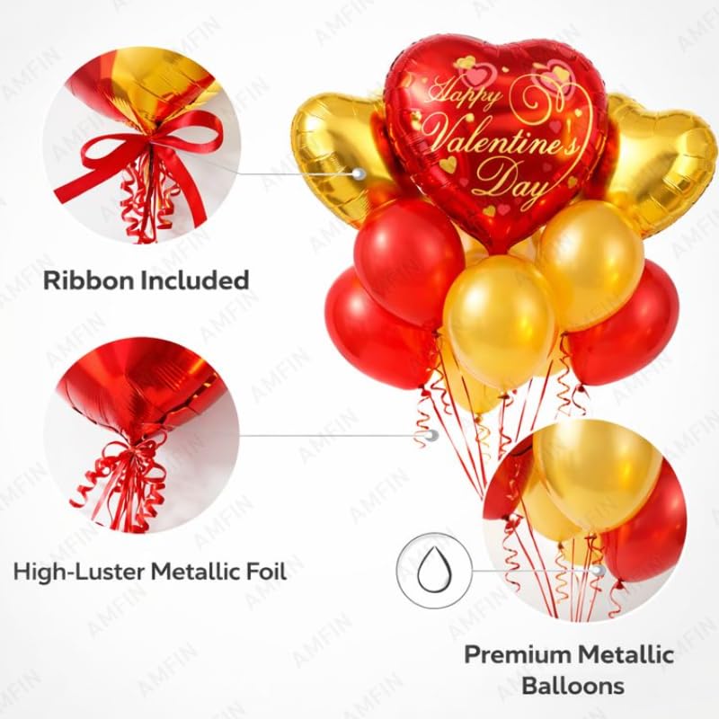 Image of AMFIN (Pack of 9) Happy Valentine's Day Balloon Decoration Set | Romantic Heart Foil Bouquet Metallic Helium Bunch Proposal Anniversary Celebration Party Decor - Red Mehroon