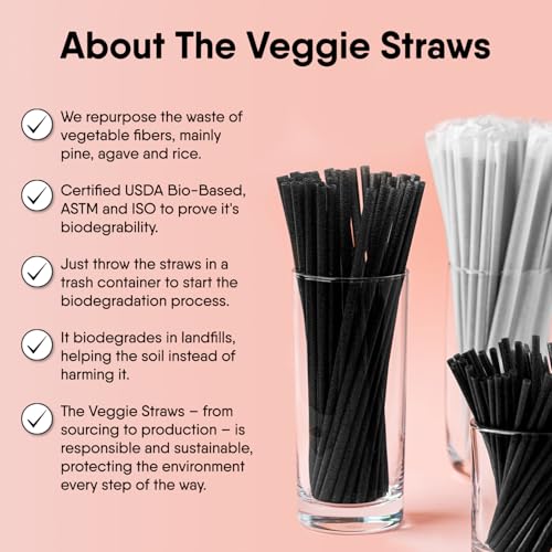 Image of The Veggie Straws - 300 PCS of 8.25 Inches Unwrapped Biodegradable Black Straws - Made of Vegetable Fibers, Best Environment Friendly Drinking Straws for Hot and Cold Beverages