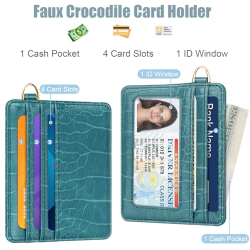 Image of Slim Credit Card Holder Crocodile Wallet Women Thin Wallets | Alligator Print RFID Blocking Minimalist Lightweight Pocket Small Cute Cards Holders ID Window, Blue Croc