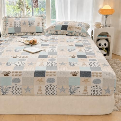 Image of VOMZER Queen Size (60x78) 300 TC Soft Cotton Feel Microfiber All Around Elastic Fitted Double Bedsheet with 2 Frill Pillow Covers | Ocean Patch