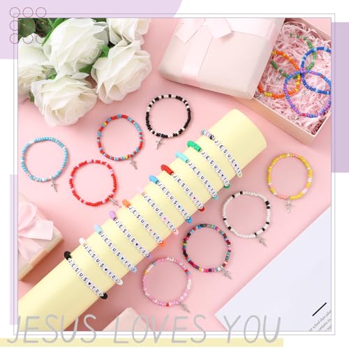Ecally 72 Pcs Jesus Loves You Bracelets Bulk Friendship Bracelets Clay Bead Christian Wristbands for Women Men Party Colorful Religious Cross Inspirational Church Reminder Jewelry Gift3
