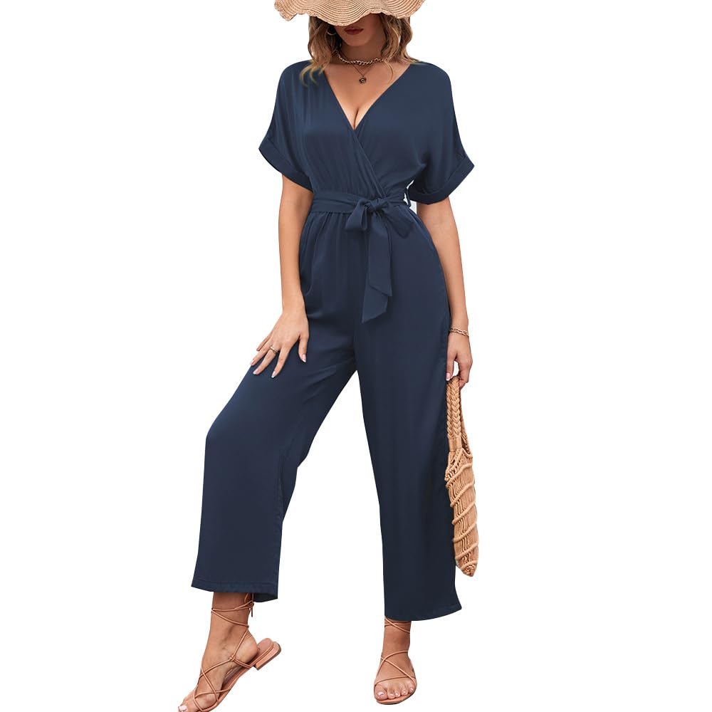 KBRPEY Mono para mujer Elegantes Manga Corta Pantalones Largos Escote en V Profundo Casual Mono Informal Suelto Verano Vestido de Ceremonia Cóctel con Cinturón