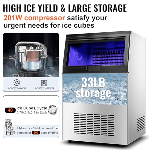 Eiswürfelmaschine, kommerziell, 350 W, 60 kg/24 Stunden, professionelle Eismaschine, 40 Eiswürfel in 8 – 15 Minuten, LCD-Display, 15 kg, für Haus, Büro, Restaurant, Bar, Café