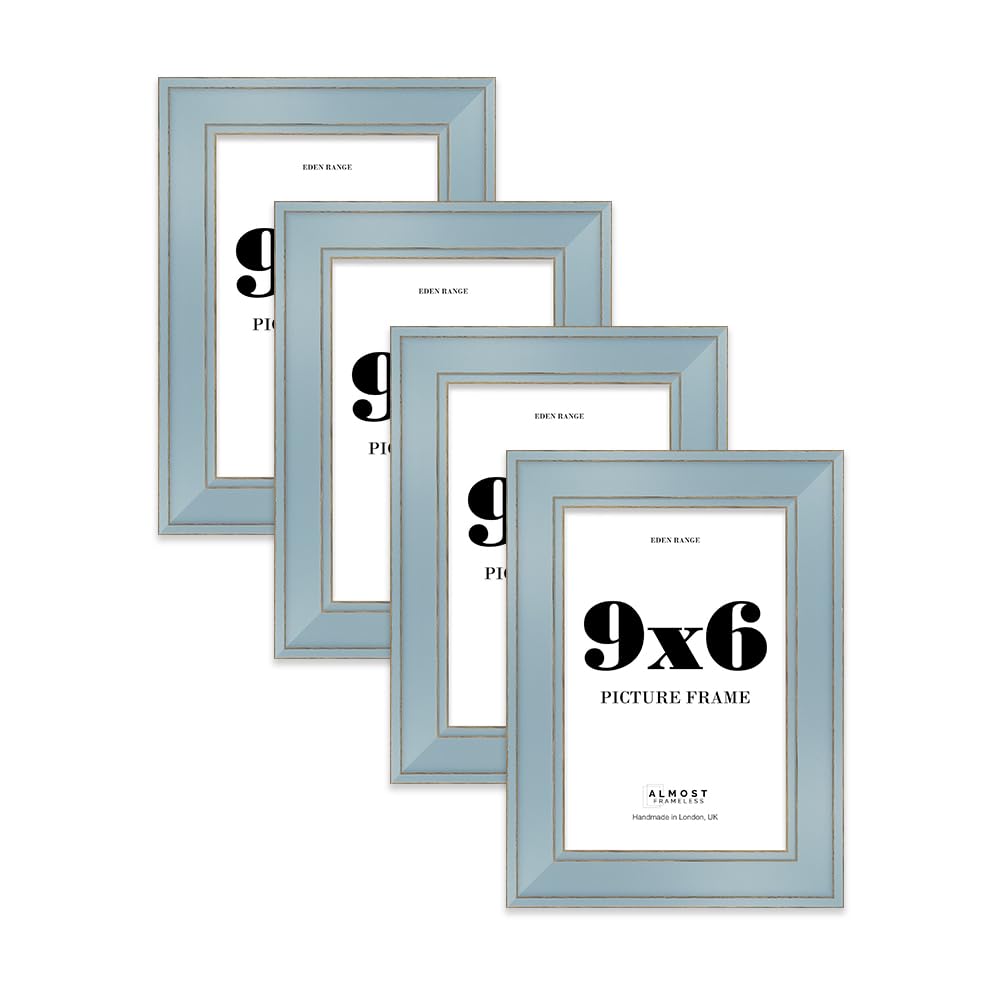 9x6 Cornflower Blue Picture Frame - Shabby Chic Photo Frame with Distressed Finish, Gold Trim, Wall Hooks and Kickstand, 37mm Edge - 4 Pack