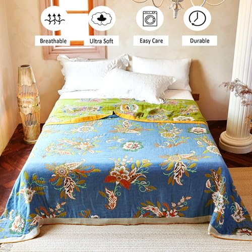 Boho Throw Blanket, 100% Organic Cotton Breathable Ultra Soft Bed Quilt Throw - All Season Luxury Floral Farmhouse Decor Blanket for Sofa Couch Chair and Gift. 91" x 98"-Green/Blue