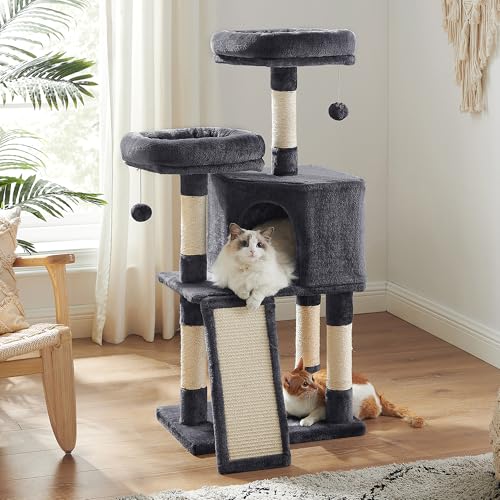 Image of Feandrea Cat Tree, 45.3-Inch Cat Tower, Plush Condo Scratching Post, Gray | 45.3-Inch Cat Tower, Plush Condo with Scratching Post, Ramp, Perch, Spacious Cave, Smoky Gray