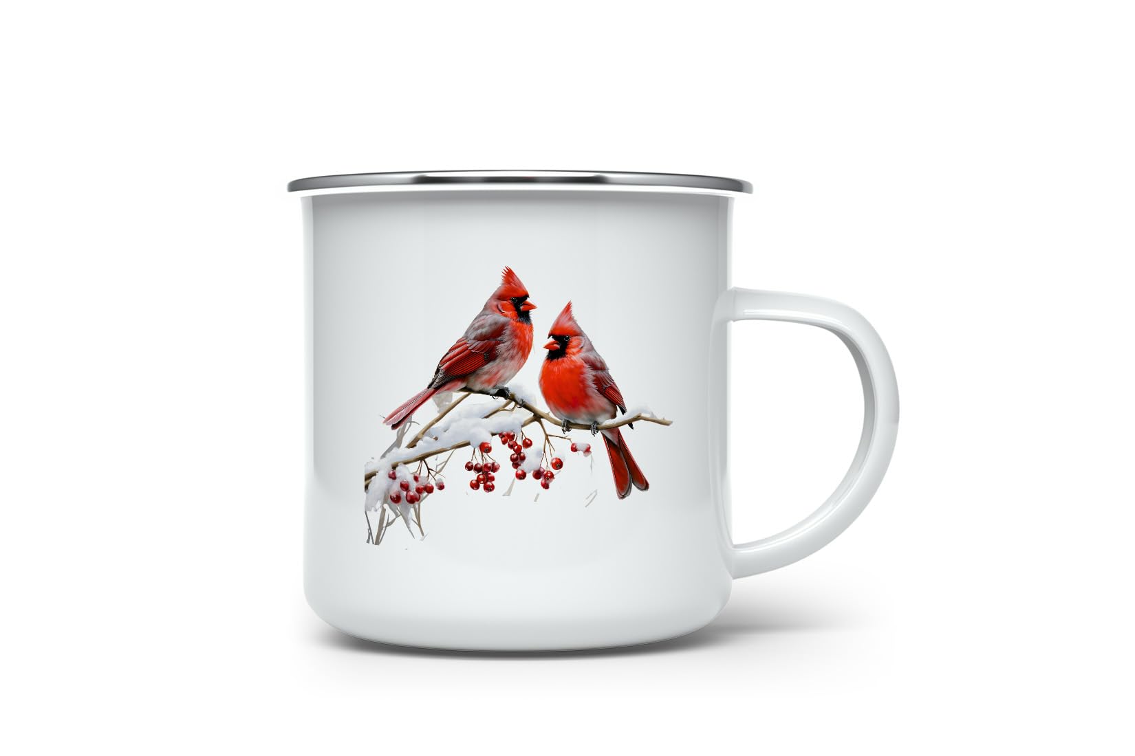 MAXIKIWI - Durable Enamel Coffee or Tea Camping Mug for Indoor Outdoor Use - Red Cardinal Birds Winter - 350ml