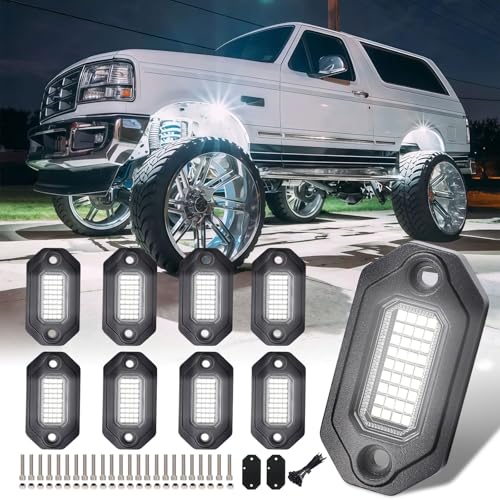 8Pods Metal Bright Pure White LED Rock Lights Kit,Per pod provided 15FT Power Cord,6500K 36LEDs Neon Underglow Light Aluminum Waterproof Fender Lights for Trucks Trailer Jeep Off Road ATV UTV