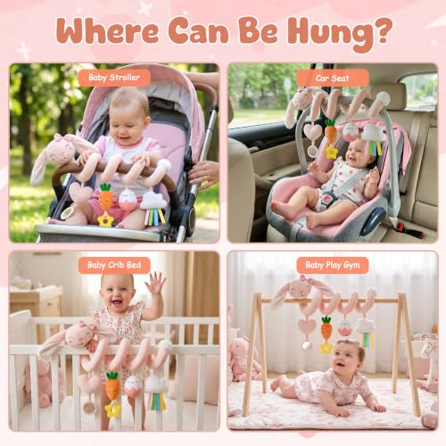 Image of Stuffed Pink Bunny Spiral Car Seat Toys for Baby Girls 0-6 Months, Infant Stroller Toy with Plush Carrot & Star Teether Hanging, Baby Registry Search & Shower Gifts for Newborn Girls