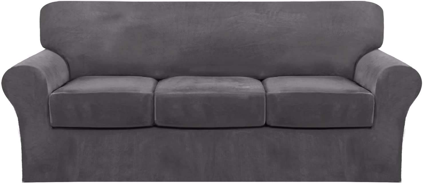 LINGKY Velvet Sofa Cover with 2 Separate Cushion Covers, Stretch Ultra Soft Plush Sofa Slipcover Replacement Anti-Slip Furniture Protector with Elastic Bottom (Gray,3 Seater(173-229cm))