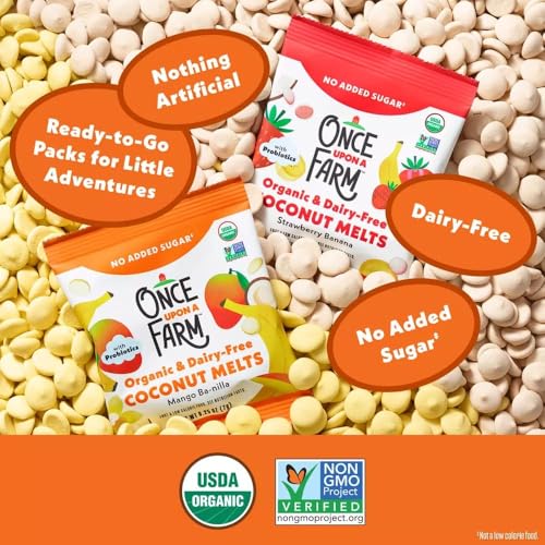 Image of Once Upon a Farm Organic Coconut Melts Variety Pack, 30 Ct, Dairy Free | Once Upon A Farm Organic Coconut Melts Variety Pack with Probiotics, Strawberry, Mango, Dairy Free, Non GMO, .25 oz, 30ct