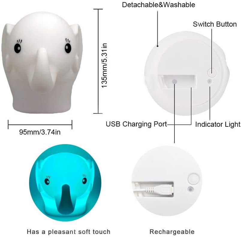 Image of Night Light Kids with Cute Elephant Design Children's Room LED Bedside Lamp with Changeable RGB Colors Rechargeable Night Light Compatible with Touch-Control & Remote Control - Elephant