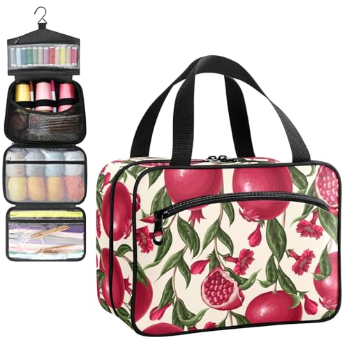 YNNALE Sewing Supply Organizer Bag, French Red Pomegranate Fruit Retro Vintage Portable Sewing Bags with Pockets&Hanger, Sewing Storage Box Case for Sew Supplies/Kit/Tools/Accessories (BAG ONLY)
