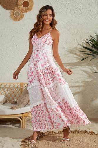 Women Floral Maxi Dress Spaghetti Straps V Neck Lace Patchwork Flowy Tiered Wedding Guest Long Dresses4