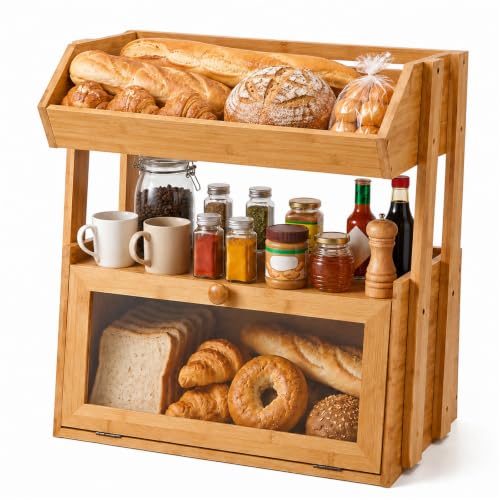 YanKiTour 3-Tier Bamboo Bread Box for Kitchen Countertop with Fruit Basket