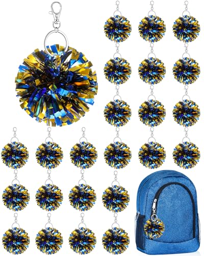 Remuuly 20 Pcs Cheer Pom Pom Keychain Cheerleader Gifts Cheerleading Keyring Charm Foil with Keychain Hooks for Women Accessories (Blue Gold)