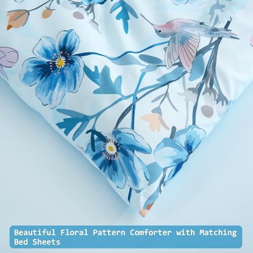 Image of lasoftan Floral Queen Comforter Set with Sheets, 7 piece Luxury Vintage Bedding, Soft Microfiber Bed in a Bag, Cozy Lightweight Bed Set, Blue Flower Leaf Botanical