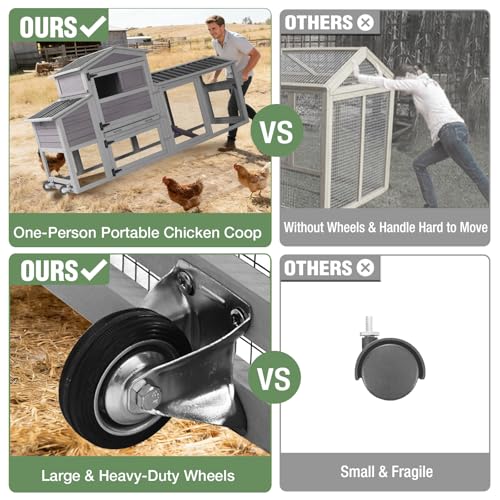 Image of Mobile Chicken Coop with Wheels for 4-6 Chickens, Large Wooden Hen House Expandable Duck Cage with Run, 2 Nesting Boxes, Easy Clean Pull-Out Tray, Waterproof Asphalt Roof (Grey)