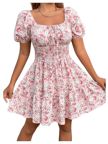 Damen A Linie Sommerkleid U-Ausschnitt Skaterkleid Rüschensaum Blumenkleid Print Urlaubkleid Kurzkleid mit Puffärmel – Bild 5