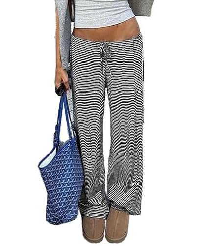OLAMIOSO Black White Stripe Lounge Pants Women, Black and White Stripe Pants for Women, Baggy Striped Pant Womens, Drawstring Wide-Leg Pants (Black, M)
