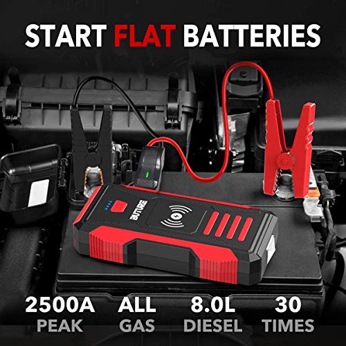 BUTURE 2500A Peak Car Jump Starter (up to All Gas, 8.0L Diesel Engine), 23800mAh Power Bank with 10W Wireless Charger, 12V Auto Battery Booster with Smart Jumper Cable, Quick Charging