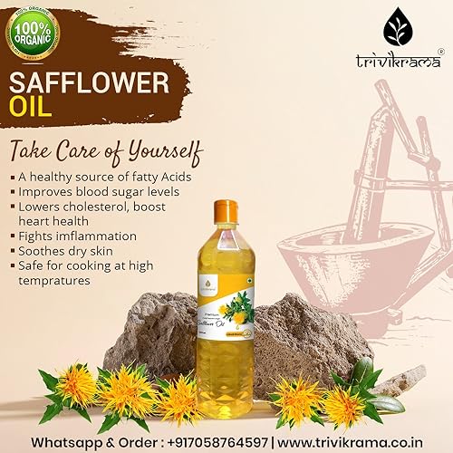 Image of Trivikrama Cold Pressed Safflower Oil Tel | Kusum Oil | Kardai Tel Zero Cholesterol Chemical & Pesticides Free | Wooden Churner Safflower For Cooking With Multipurpose Usage (1 Liter) Pack Of 2