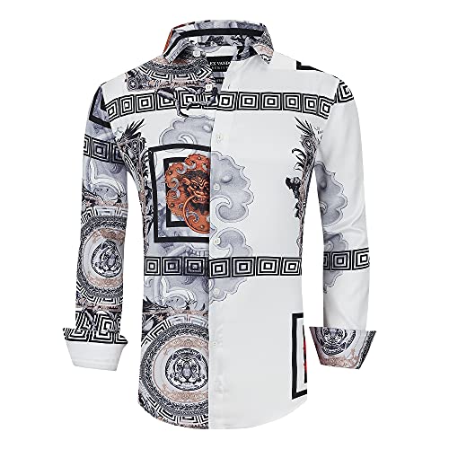 Alex Vando Mens Nightclub Printed Dress Shirts Non-Iron Regular Fit Party Button Down Shirt,2601 White,M