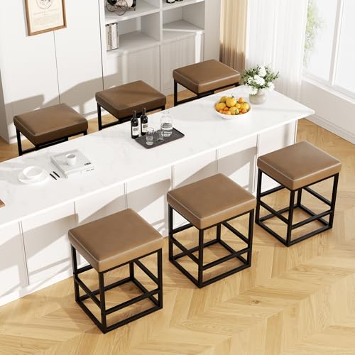 Image of Bar Stools Set of 6, 24in Counter Height Barstools, Faux Leather Counter Stools with Thick Square Seats & Sturdy Metal Base, Modern Bar Chairs for Kitchen Island (Coffee)
