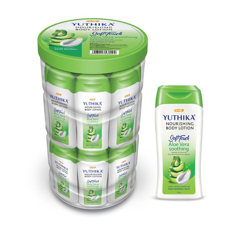 Image of Yuthika Aloevera Nourish Body Lotion 20ml - Hydrating Moisturizer for Men & Women, Non-Irritant & Non-Sticky, 24H Hydration for Oily to Normal Skin (24 Pcs in Jar)
