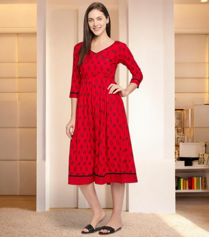 Image of DUMMY SHAPE Feeding Kurtis for Women Cotton Rayon | Printed Pregnancy Flare Kurta with Nursing Zippers to Pre & Post Partum | Maternity Dresses | Gifts for Pregnant Woman
