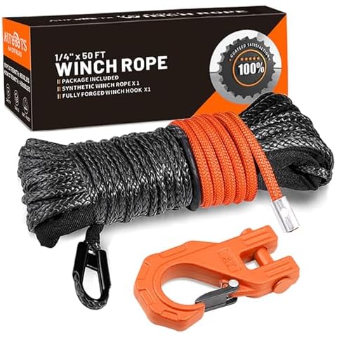 AUTOBOTS Synthetic Winch Rope 1/4" X 50 Ft， Max 9500lbs Winch Rope with Heavy Duty 3/8 Winch Hook，Winch Rope Cable Line with Protective Sleeve for Off Road Vehicle ATV UTV Orange Cover