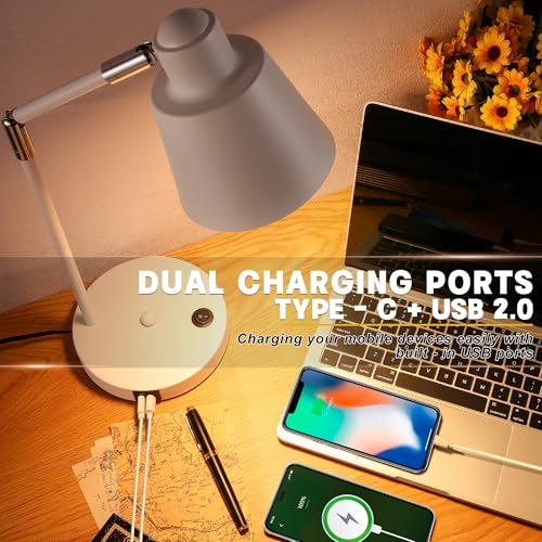 Image of Anxingtools LED Desk Lamp with Dual USB Charging Ports, 100% Metal, 270 Swivel Arms, Soft White Light (3000K), Bedside Reading Lamp, Home Office Lamp(White)