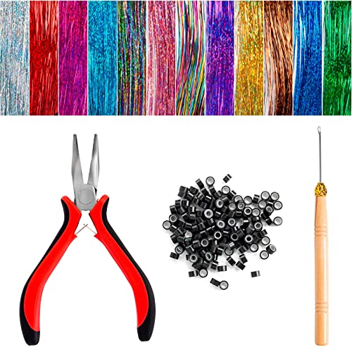 Dfsuiwk Hair Tinsel Strands Kit,Shiny Tinsel Hair Extensions 12 Colors Tinsel Hair Extensions with Tools Hair Tinsel Hea