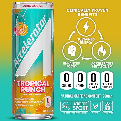 Image of Accelerator Active Energy Drink, Tropical Punch, 12oz can (12 pack) | Zero Sugar, Sustained Energy from 100% Natural Caffeine (200mg from Green Coffee Bean & Green Tea extract)